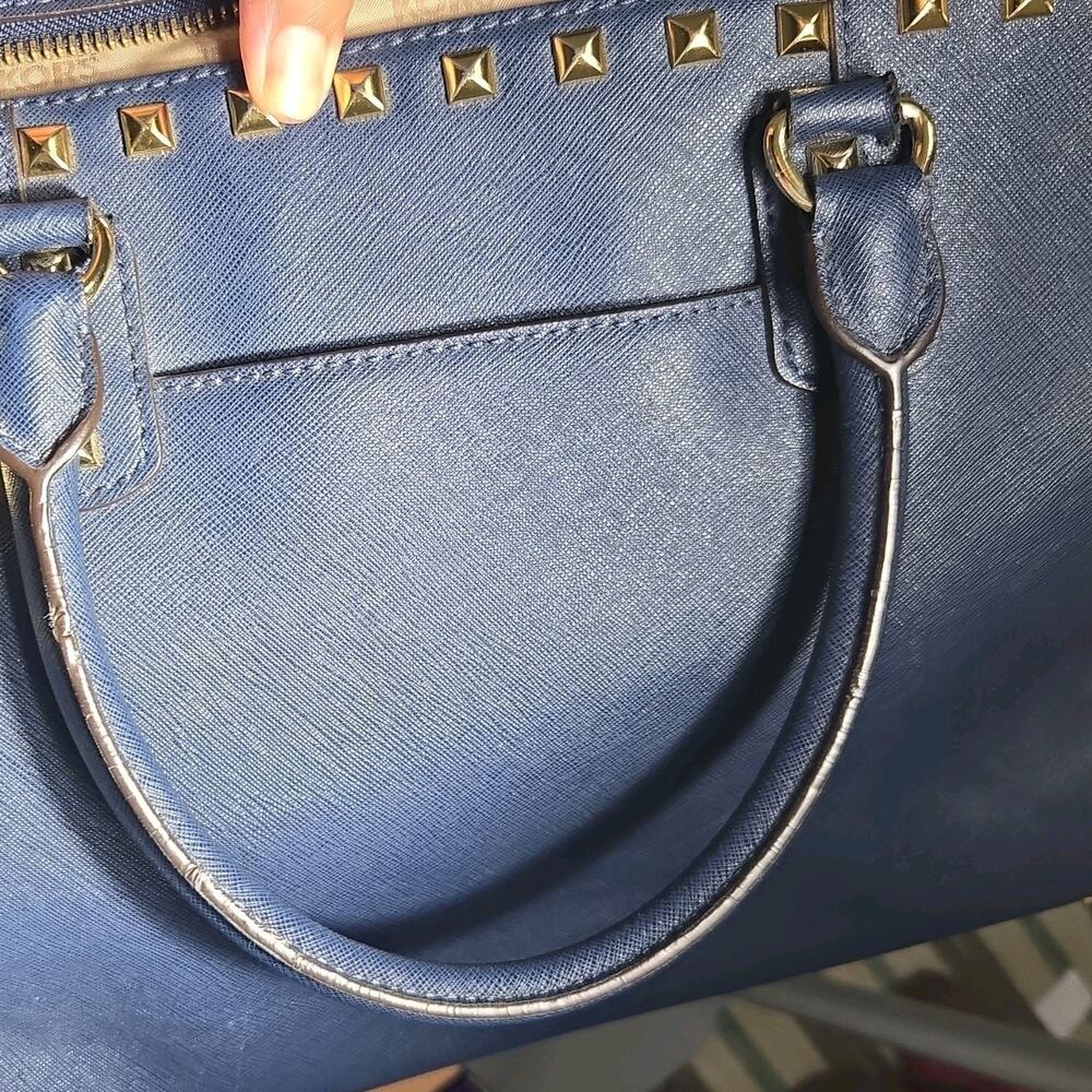 Michael Kors Navy Saffiano Leather Studded Satchel Bag Top Zip Large - Picture 3 of 14